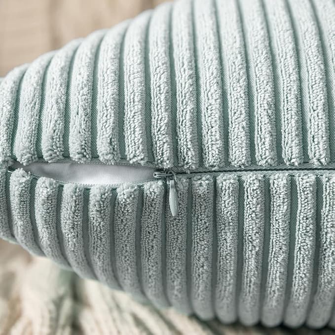 MIULEE Decorative Corduroy Throw Pillow Covers Set of 2 18x18 Mint | Soft Striped Textured Cushion Cases, Boho Energetic Vibe Pillowcases for Home Decor, for Couch Chair Sofa Bed Living Room