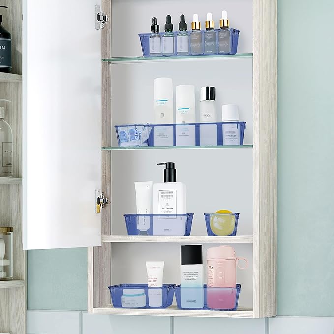WOWBOX 25 PCS Plastic Drawer Organizer Set, 4 Sizes Desk Drawer Divider Organizers and Storage Bins for Makeup, Jewelry, Gadgets for Kitchen, Bedroom, Bathroom, Office, Clear Dark Blue