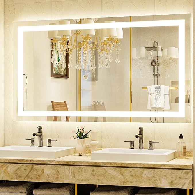 55'' x 30'' LED Bathroom Mirror with Lights, Wall Mirror with Front and Backlight, 3 Colors Vanity Mirror with Lights, Anti-Fog Wall Mirror for Bathroom