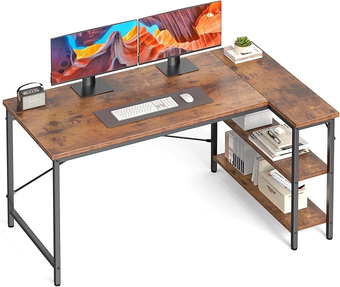 DUMOS L Shaped Desk, 39 Inch Computer Gaming Corner Desks with Shelves | Home Office PC Table, Writing Working Study Desk for Bedroom Dorm, Reversible Design, Rustic Brown