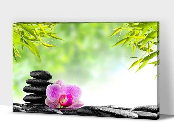 GUTTATY Zen Wall Art Decor, Modern Bathroom Zen Decor Wall Art, Canvas Wall Art for SPA Zen Room Decor, Green Bamboo Leaves and Pebble Relaxing Zen Art Prints for Office & SPA Wall Decor 24x36 Inches