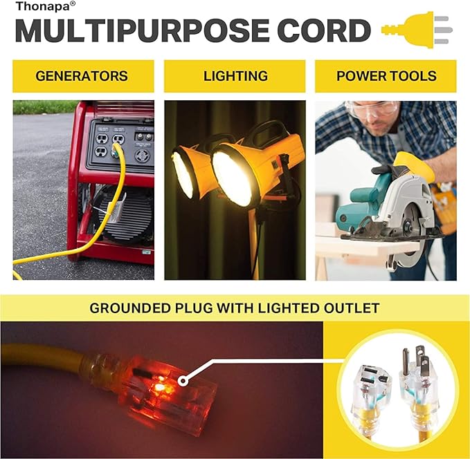 Thonapa Lighted Outdoor Extension Cord 6 ft - 12 Gauge 15 Amp Heavy Duty Power Extension Cords - SJTW - Great for Major Appliances, Power Tools, Garden Supplies - Yellow