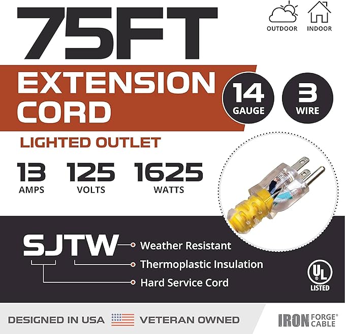 Iron Forge Cable Weatherproof 75 Ft Outdoor Extension Cord - 14/3 SJTW 13 Amp Heavy Duty Yellow Extension Cord 3 Prong - Lighted End