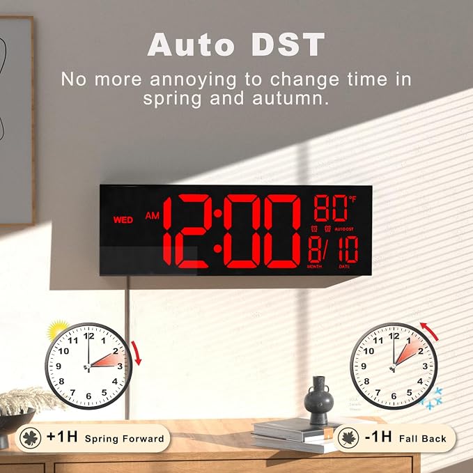 JALL 16" Large Digital Wall Mount Clock, Count Down Timer, Alarm, Big LED, DST, Temperature for Living Room Classroom Desk, Xmas, Birthday Gift for Senior Men Women Mom Dad, Red