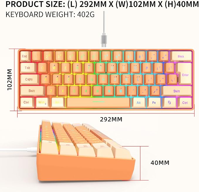 Snpurdiri 60% Wired Gaming Keyboard, RGB Backlit Ultra-Compact Mini Gaming Keyboard for PC/Mac Gamer, Typist, Travel (Cream and Orange) | Backlit Ultra-Compact Mini Gaming Keyboard for PC/Mac Gamer, Typist, Travel