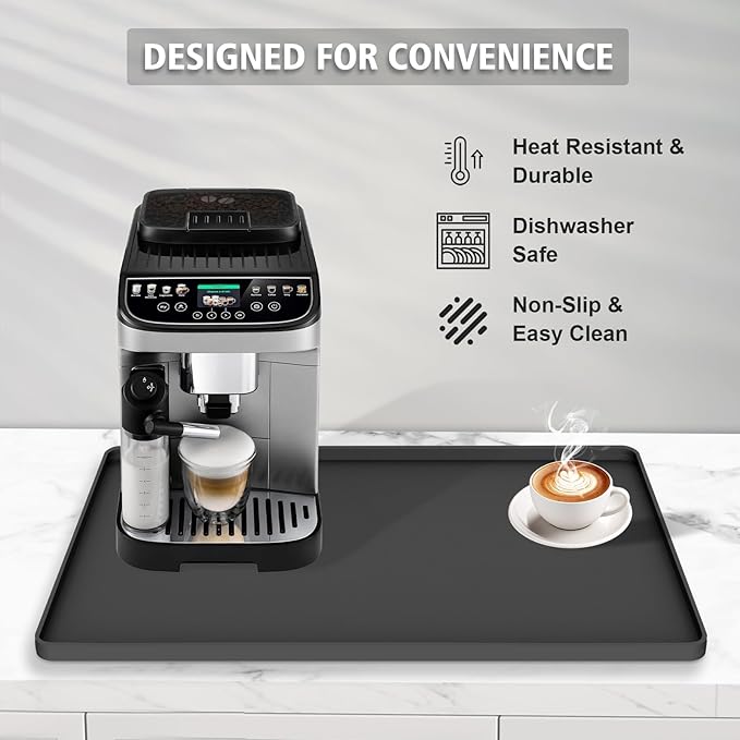 Silicone Coffee Mat 24"x16", Single Piece Anti-Vibration Under Coffee Maker Mat, Non-Slip Espresso Machine Mat with 10mm Raised Edge, Noise Reduction Countertop Protector, Fits Breville Ninja Keurig