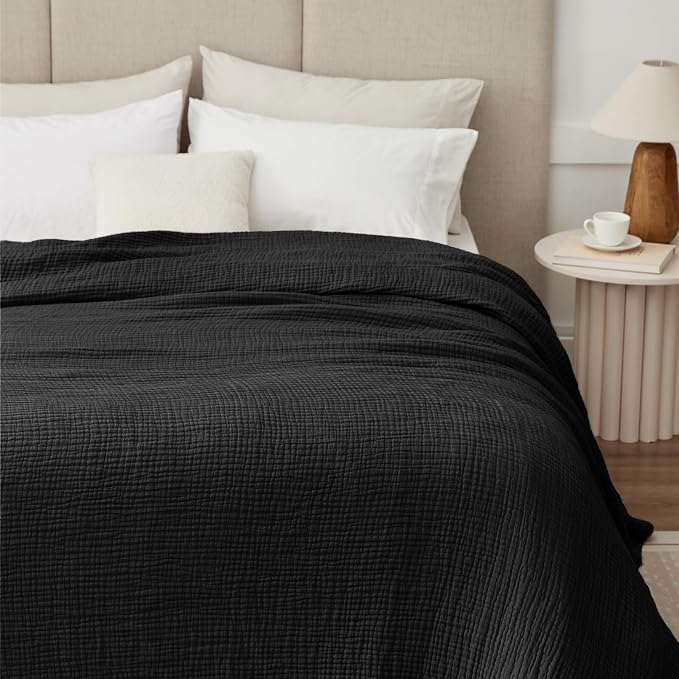 100% Cotton Muslin Blanket California King 120" x 90", 6 Layers Breathable and Lightweight Oversized Blankets for Bed, Soft Cooling Gauze Blanket for Adults All Season, Black