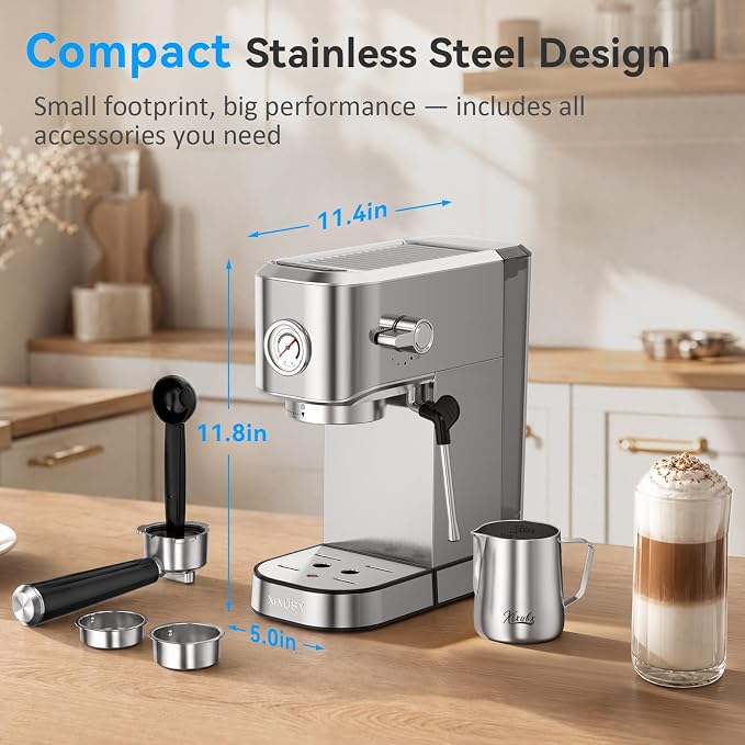 XIXUBX Espresso Machine with Milk Frother for Cappuccino & Latte for Home | 20-Bar Pump, Built-in Pressure Gauge, Powerful Steam Wand, Milk Frothing Pitcher, 42 oz Removable Water Tank, Stainless Steel