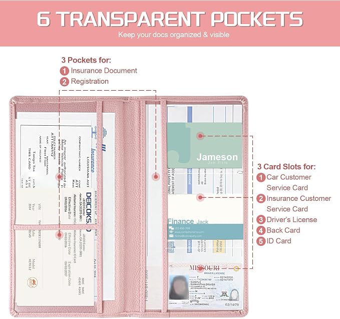 JUSTTOP 1Pack Car Registration and Insurance Holder,Car Document Holder for Cards License with Magnetic Shut,Vehicle Glove Box Car Organizer for Documents, Cards, License(Embossed leather Pink)