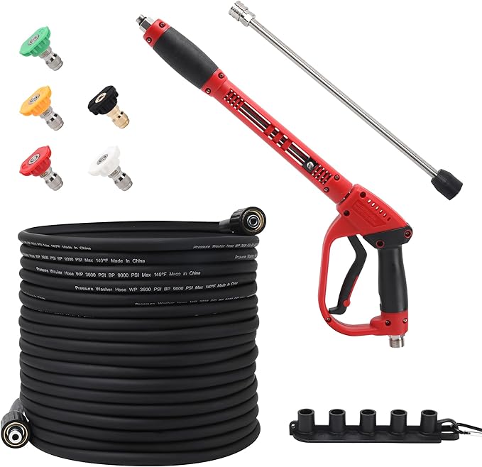 Pressure Washer Gun and Hose Kit, 50FT High Pressure Power Washer Hose with Spray Gun, Wand Extension, 5 Nozzle Tips, M22-14mm Fittings, 3600 PSI