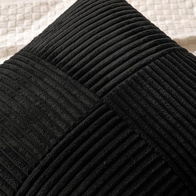 MIULEE Black Decorative Throw Pillow Covers for Couch 16x16 Inch | 2 Pack, Boho Farmhouse Pillow Covers, Soft Cross Corduroy Patchwork Textured Cushion Cases For Bed Sofa