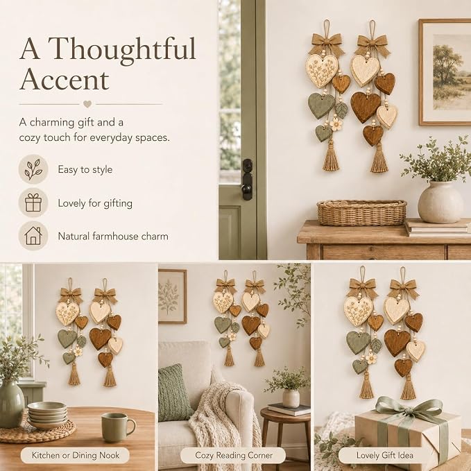 Rustic Solid Wood Heart Wall Hanging, Farmhouse Burlap Bow Decor with Distressed Wooden Hearts & Pendants, Romantic Art for Bedroom & Home Room, Vintage Charm Art Decor Signs(Natural Cream)