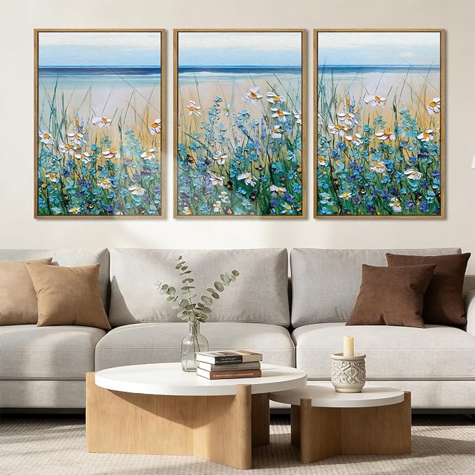 Extra Large Blue Floral Wall Art Framed Artwork for Living Room Bedroom Bathroom Blue Flowers Bloom Painting by The Seaside 24x36 Inches Set of 3