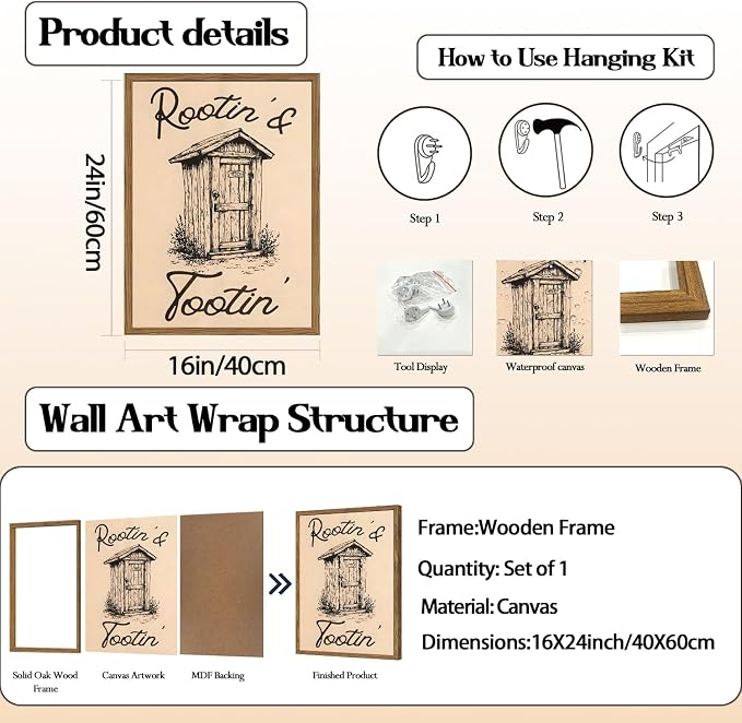Cute Western Bathroom Wall Art Vintage Southwest Rustic Restroom Wall Decor Painting, Western Cowboy Ranch Toilet Rootin Tootin Poster Canvas Print Picture 16x24 inch Wood Framed