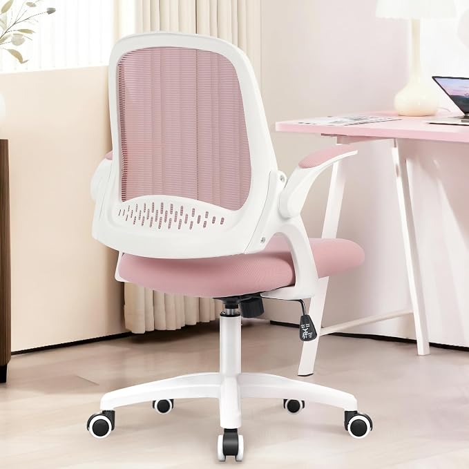 NEO CHAIR Office Desk Gaming Ergonomic Computer Chair with Lumbar Back Support Adjustable Height Swivel Rolling Wheels Flip-up Arms Mesh Chair for Home Vanity (Pink) | Lumbar Support, Height Adjustment, 360° Swivel and Rolling Base, Space-Saving Design...