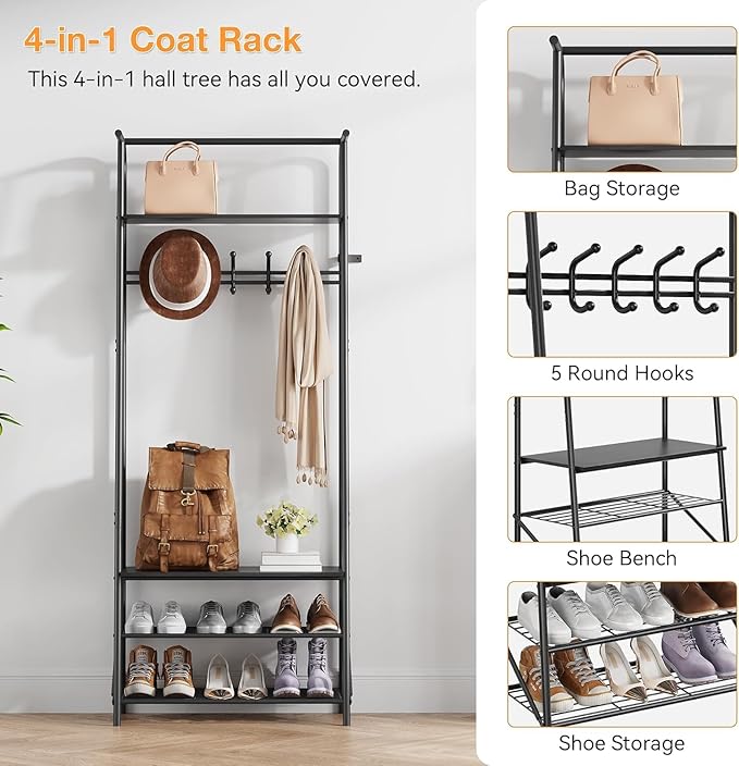 Hall Tree, Entryway Hall Tree with Shoe Rack, Coat Rack with Shoe Rack and Hooks, 25” Freestanding Metal Entryway Organizer with 4-Tier Storage Shelves for Hallway, Bathroom, Small Spaces