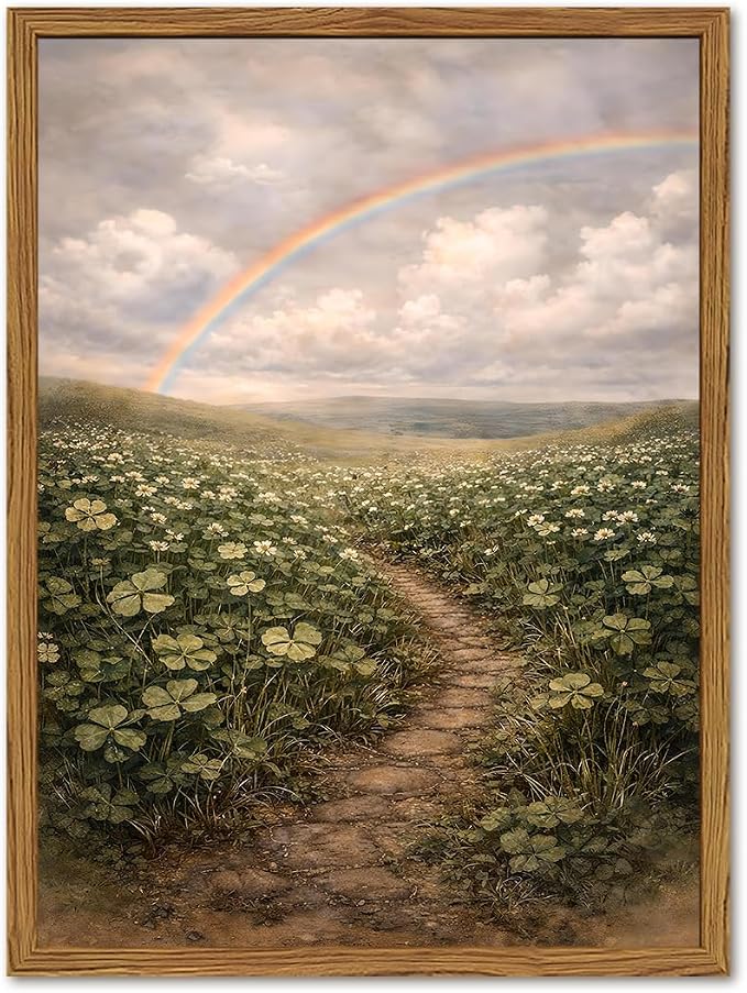 Framed Vintage Landscape Canvas Wall Art, Rustic Wildflower Field Rainbow Pictures Wall Decor, Cottagecore Nature Paintings Prints Country Home Decor Aesthetic for Living Room Bedroom 12x16 inch