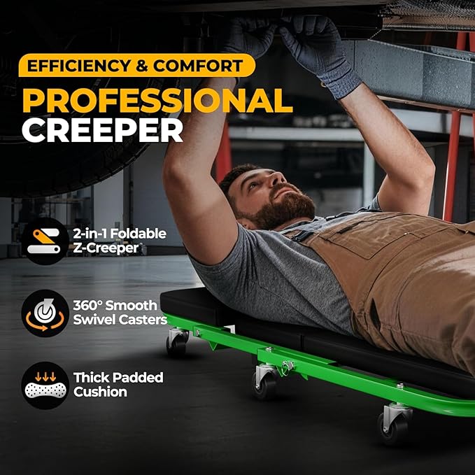 Auto Dynasty 40" Z-Creeper Seat, 2-in-1 Foldable Garage Creeper Shop Seat, 330 LBS Capacity Automotive Mechanic Repair Under Car Rolling Creeper Seat, Green
