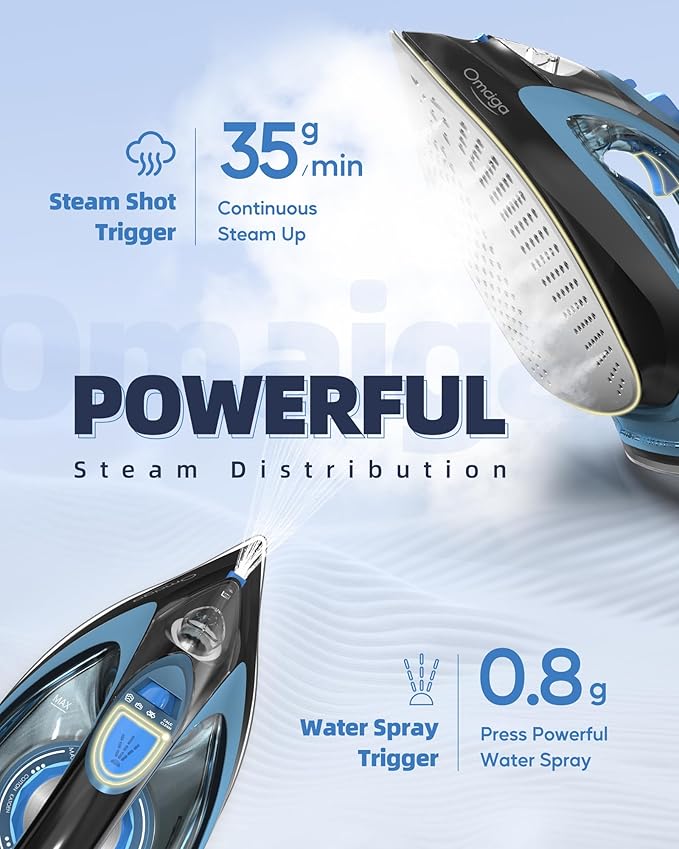 Steam Iron for Clothes, 1750W Clothes Iron Rapid Heating, Non-Stick Ceramic Soleplate, 3-Way Auto-Off, 15.21oz Water Tank, Self-Cleaning, Anti-Drip, Anti-calc Ironing Clothes for Home, Blue