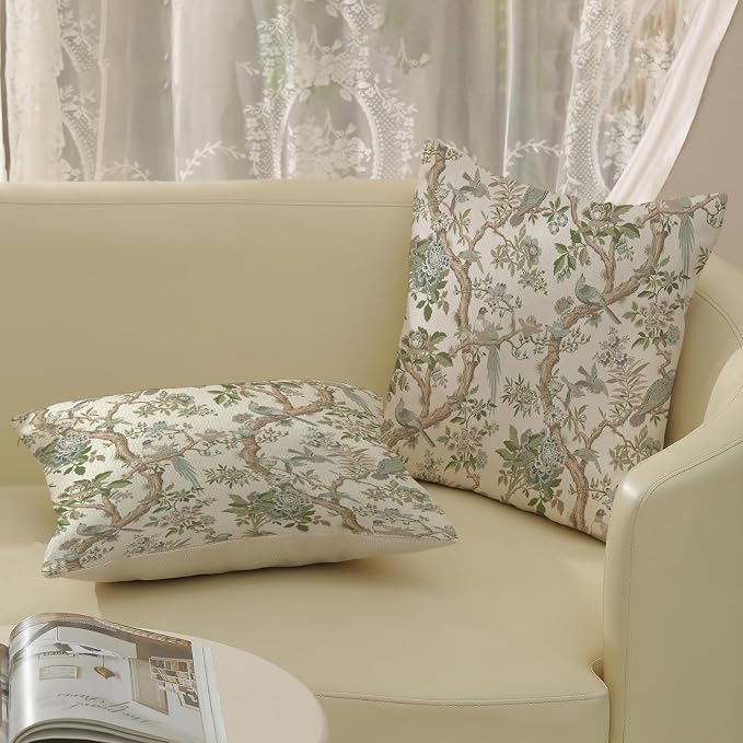 Green Floral Bird Pillow Covers 20x20 Set of 2 Chinoiserie Throw Pillows Green Vintage Flowers Bird Decorative Pillow Cases Outdoor Chinoiserie Decor Farmhouse Cushion Case for Couch Sofa