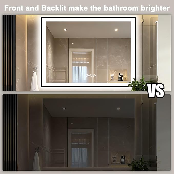 51x40 Bathroom Light up Mirror, Black Double Bright Lights Mirror, Anti-Fog Vanity Mirror with Lights, Stepless Dimmable Illuminated, Touch Control, Waterproof (Horizontal/Vertical)