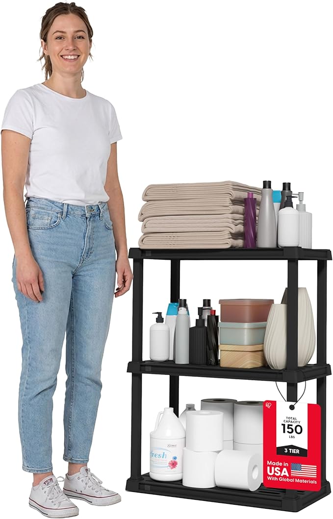 IRIS USA 3-Shelf Light Duty Plastic Storage Shelves, 150lb Capacity, 33" H x 24" W x 12" D, Medium Modular Shelving Unit Storage Organizer for Bathroom, Laundry, Garage & Home, Storage Rack - Black
