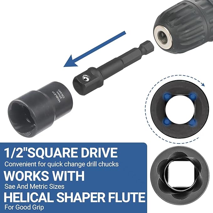 MABLEVI 10 PCS Bolt Nut Extractor Set, 1/2" Drive Impact Lug Nut Remover Socket Tool with Center Punch Bar for Damaged, Frozen, Studs, Rusted, Rounded-Off Bolts, Nuts & Screws