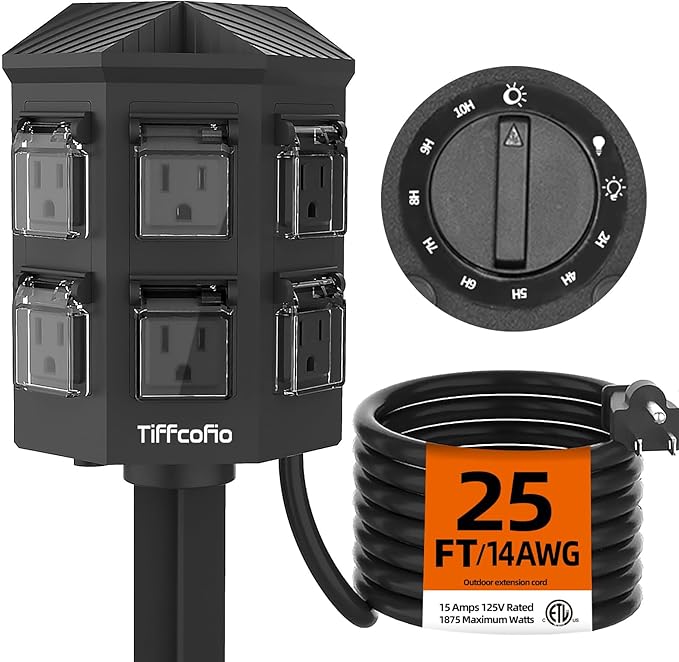 TiFFCOFiO Outdoor Power Strip Timer, Dusk to Dawn Light Sensor Countdown, 25 Feet Extension Cord Waterproof, 6 Grounded Outlets for Halloween and Christmas Decorations, ETL Listed (25 FT)