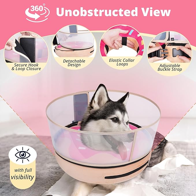 Inflatable Dog Cone with Transparent Shield, Protective Dog Donut Collar After Surgery to Stop Licking, Soft Donut Cone for Small Pets, Adjustable Recovery Collar with Buckle Visibility