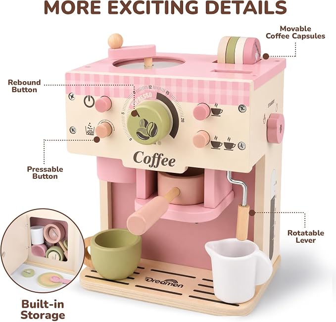 Dreamon Toy Coffee Maker Wooden Kitchen Accessories for Kids Pretend Play | Realistic Kids Coffee Playset with Moving Parts, Montessori Kitchen Toys for 3 4 5 Year Old Boys & Girls Birthday Gifts, Pink