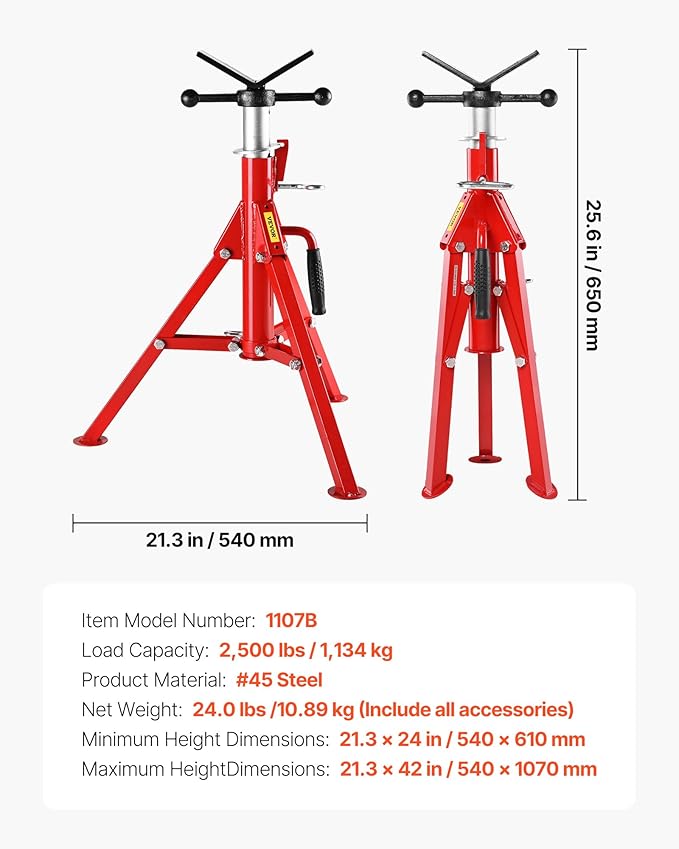 VEVOR V-Head Pipe Stand, 1/8"-12" Capacity, 24"-42" Height Adjustable, Pipe Jack Stands 2500 lbs Load Capacity, Portable Folding Pipe Stands, Durable Carbon Steel Frame