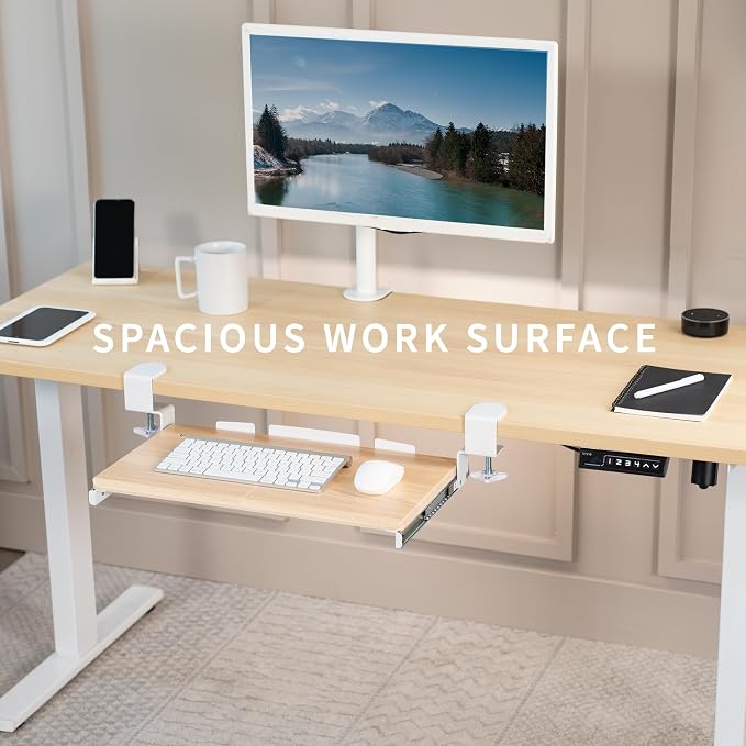VIVO Small Clamp-on Computer Keyboard and Mouse Under Desk Slider Tray, 20 x 11 inch Pull Out Platform Drawer, Light Wood, MOUNT-KB05ES-A | Keyboard Tray for Typing, Slide Out Platform, Extra Sturdy C-Clamp Mount System, Computer Drawer, White Frame