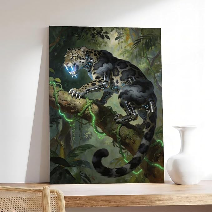 Framed Steampunk Mechanical Leopard Wall Art - Jungle Futuristic Beast Poster for Man Cave Living Room Decor 08x12inch(20x30cm)