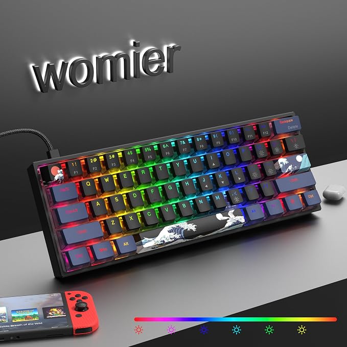 Womier 60% Percent Keyboard Gaming, Creamy Mechanical Wired Keyboard Anime | Hot-Swappable RGB Key board with PBT Keycaps for Windows PC Gamers - POM Linear Red Switch WK61 V2 Black Kanagawa