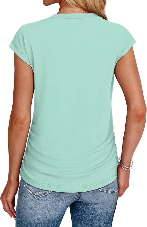 Sampeel Womens Summer Tops Trendy 2026 Ruched Cap Short Sleeve Tshirts Shirts Crew Neck T Shirts Fashion