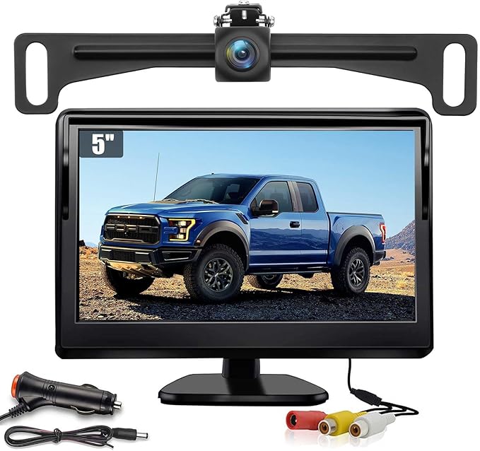 Kairiyard License Plate Backup Camera with 5in Monitor, 170 Degree Wide Angle DIY Grid Lines Waterproof Reverse Rear View Camera Systems for Truck Car Trailer SUV