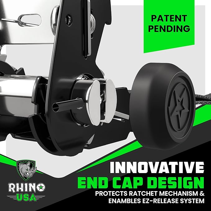 Rhino USA Ratchet Straps Heavy Duty Kit (2-Pack) - 1.6 Inch x 8 Feet Min Break Strength (5,000) - Ultimate Tie Down Straps with Safety S Hooks for Trucks, ATV, UTV, Motorcycle, Cargo & More - Green