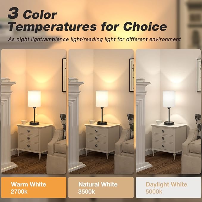 Beige Small Lamps 3 Levels Brightness - 3000K 4000K 5000K Bedside Lamps with USB C and A Ports, Pull Chain Table Lamps with AC Outlet, Nightstand Lamps with Black Metal Base for Bedroom Kids Reading