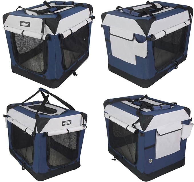 EliteField 4-Door Folding Soft Dog Crate with Curtains, Carrying Bag and Fleece Bed (2 Year Warranty), Indoor & Outdoor Pet Home (30" L x 21" W x 24" H, Navy Blue+Gray)