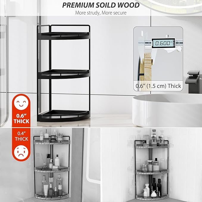 Corner Bathroom Counter Organizer, 3 Tier Bathroom Sink Shelf Countertop, Wood Vanity Skincare Storage for Toiletries Decor, Makeup, Dresser(Black)