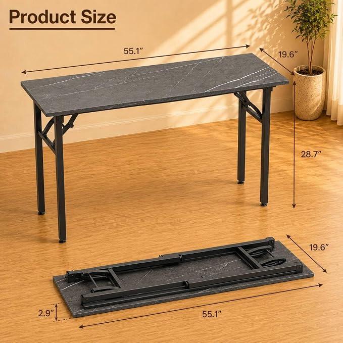 Folding Table Computer Desk - 55.1" No Assembly Folding Desk Design and Foldable Office Desk, Small Desk for Bedroom, Compact Storage Portable Use for Dorm and RV Small Space, Marble Greige