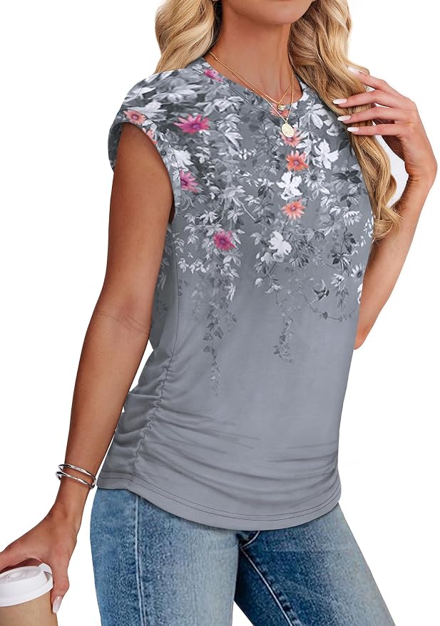 Sampeel Womens Summer Tops Trendy 2026 Ruched Cap Short Sleeve Tshirts Shirts Crew Neck T Shirts Fashion