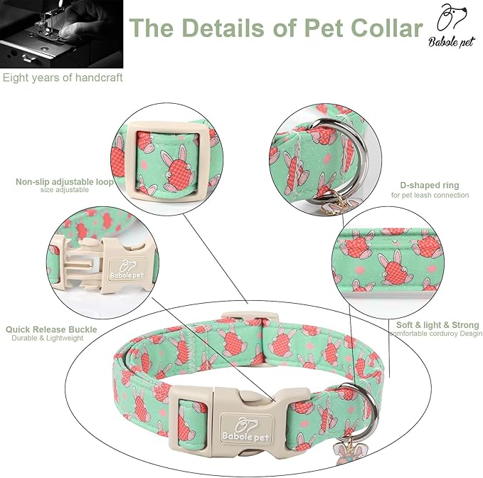Easter Dog Collar for Medium Dogs - Green Bunny Egg Dog Collars, Cute Boy Girl Dogs Easter Collar, Adjustable Spring Holiday Pet Collars with Quick Release Buckle M