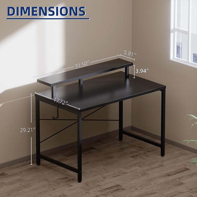 Pamray 32 Inch Small Computer Desk with Monitor Stand, Simple Office Desk with Headphone Hook for Small Spaces, Kids Study Writing Table for Bedroom, Black