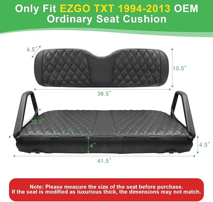 EZGO TXT Seat Cover, Golf Cart Front Seat Covers Set Fit for EZGO TXT 1994-2013 OEM Ordinary Seat Cushion, Thick Vinyl Leather Comfortable/Breathable, No Need Any Tools or Detaching Armrests