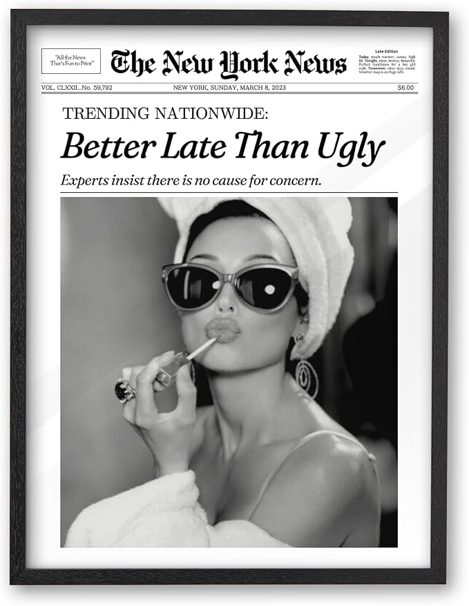 iHery 18x24in Audrey Hepburn Better Late Than Ugly Framed Bathroom Art | Premium Black Natural OAK Wood Frame with Canvas Print, Vintage Fashion Wall Decor for Bedroom, Apartment Girl Dorm, 1Pack
