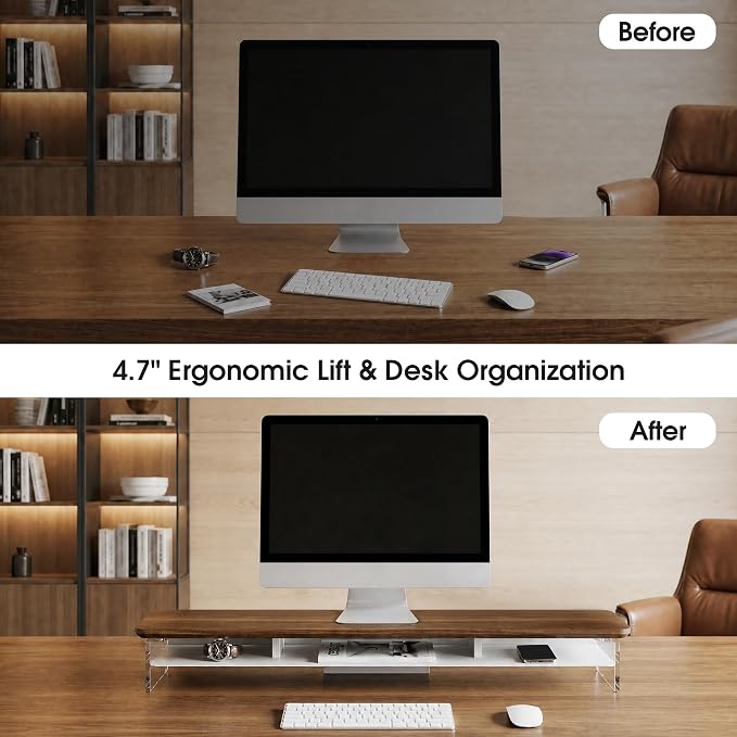 Fenge 42.5" Dual Monitor Stand with Clear Acrylic Legs, Brown | Clear acrylic, storage compartment, 2-tier home office monitor riser, wide large desktop shelf fit monitor/laptop/printer