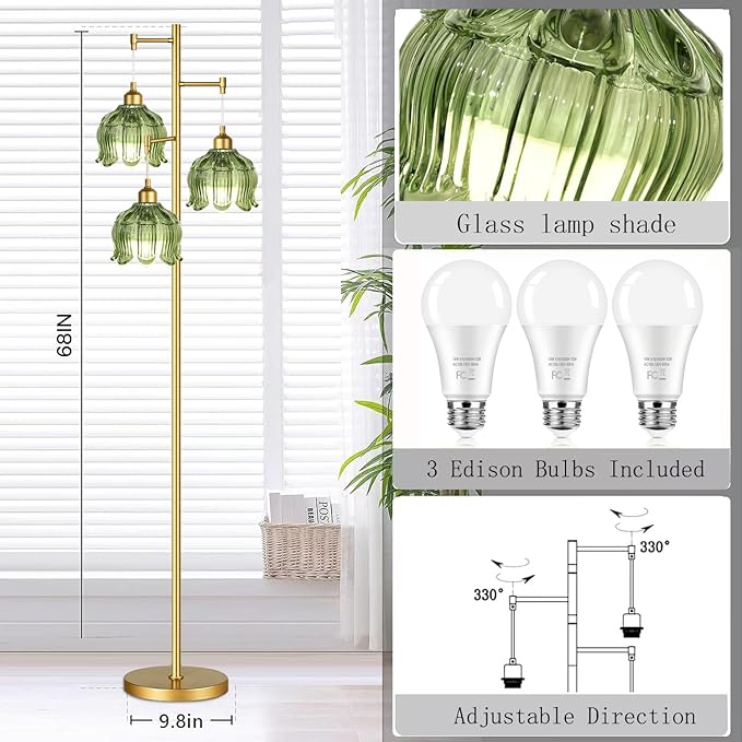 Vintage Floor Lamps for Living Room Bedroom-3 Light Gold Floor Lamp with Glass Lampshape, Flower Green Tall Lamp Mid Century Modern Standing Lamp Tree Floor Lamp for Bedroom Living Room Corner