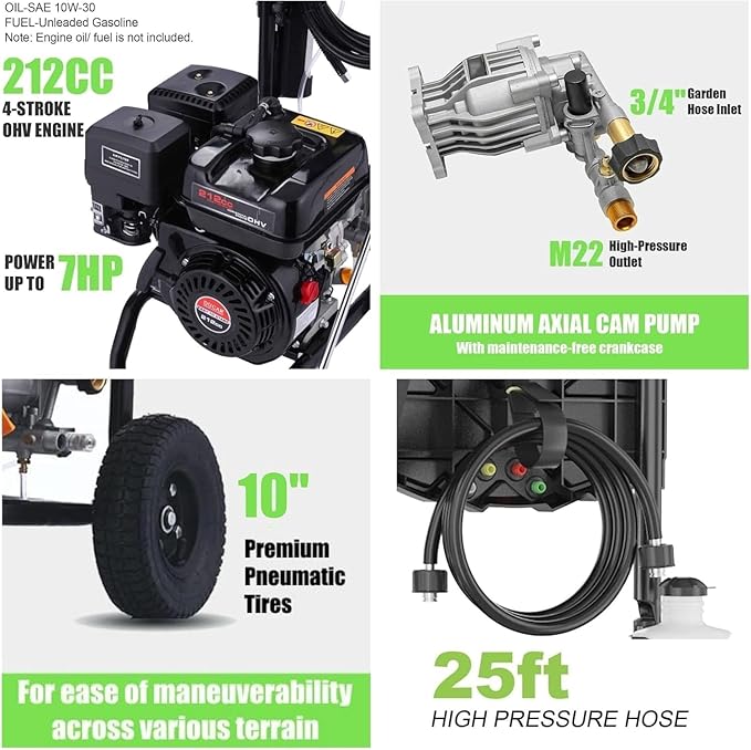 4200PSI Pressure Washer, 4.0GPM Heavy Duty Power Washer with 5 Quick Connect Nozzles, 25ft Flexible Hose and 0.5Gal Soap Tank, 212cc 7.0 HP Engine, EPA/CARB/ETL Compliant, Black