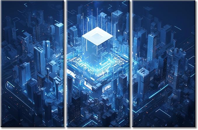 Wall Art for Living Room Large Smart City Painting Framed Abstract Cube Shape Artwork AI Advanced Circuitry Canvas Print for Living Room Bedroom Home Decorations Wall Decor 60"Wx40"H